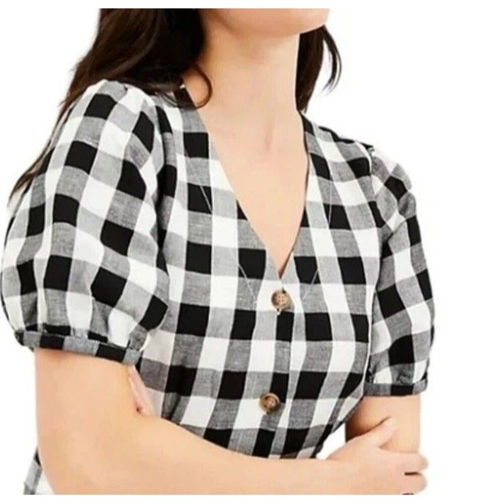 LOFT Gingham Plaid Button V-Neck Dress Black White Puff Sleeves Women's Size 14